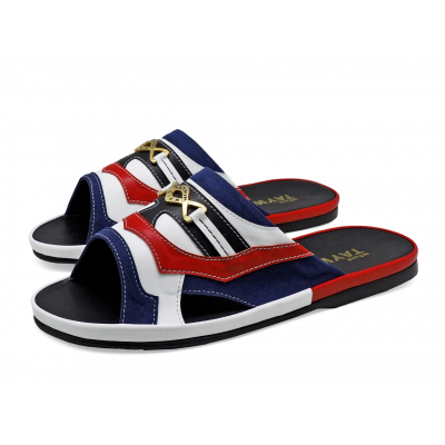 Men Sandals SKF-39 Navy Suede-White-Red Nappa Microfiber Leather